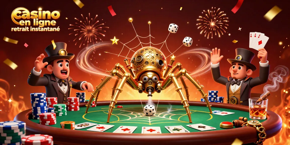 Casino en ligne retrait instantané : illustration dynamique d'une araignée steampunk capturant des dés.