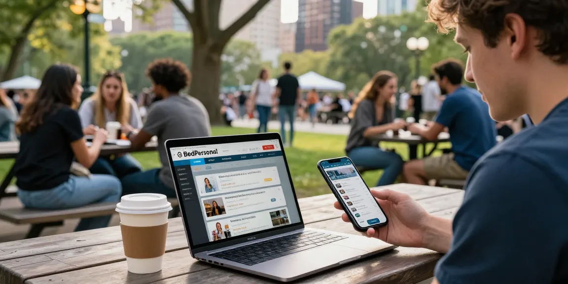 Engaging urban scene with a user browsing BedPersonal classifieds on smartphone, showcasing community and connectivity.