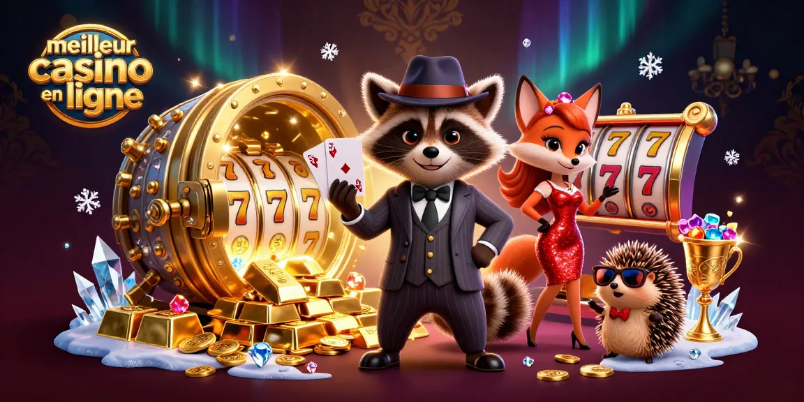 Meilleur casino en ligne : image d'illustration 3D riche mettant en scène un raton laveur élégant, une renarde et un hérisson, entourés d'éléments de jeu.