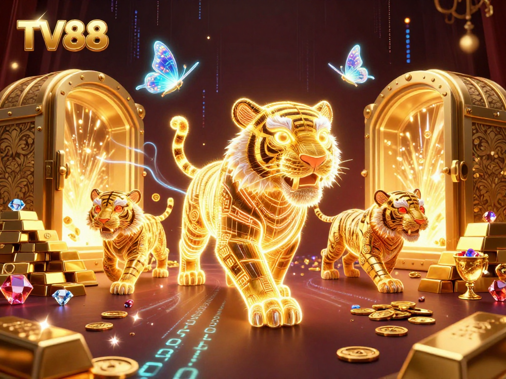 Experience thrilling gameplay at TV88 with a neon-wireframe tiger in a vibrant casino scene