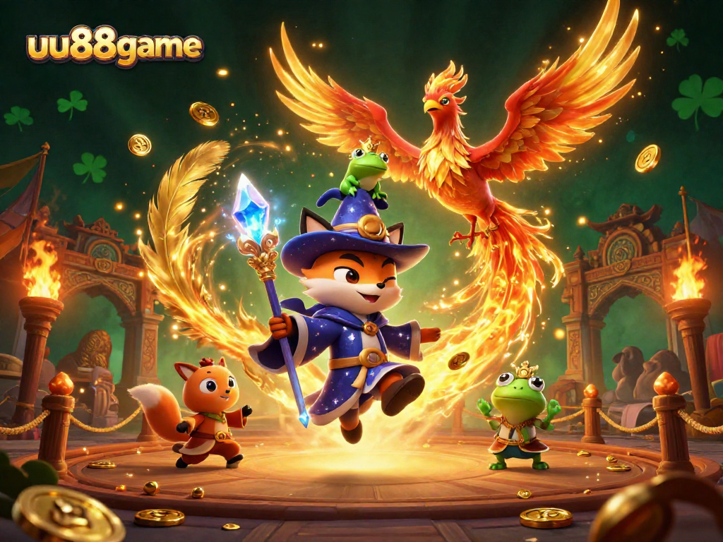 Immerse yourself in uu88game's magical casino world featuring a wizard fox and phoenix!