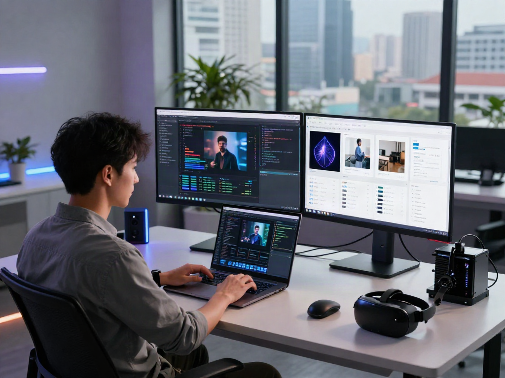 AI Image Detector in action, showcasing data analysis on sleek tech monitors in a modern workspace with vibrant city views.