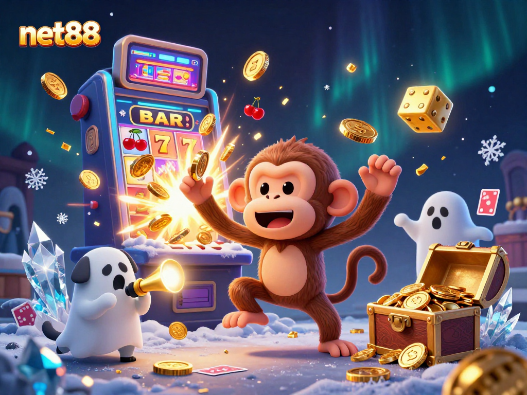 Engage with net88 at the haunted casino with a playful poltergeist monkey juggling coins and a ghost-hunter puppy exploring.