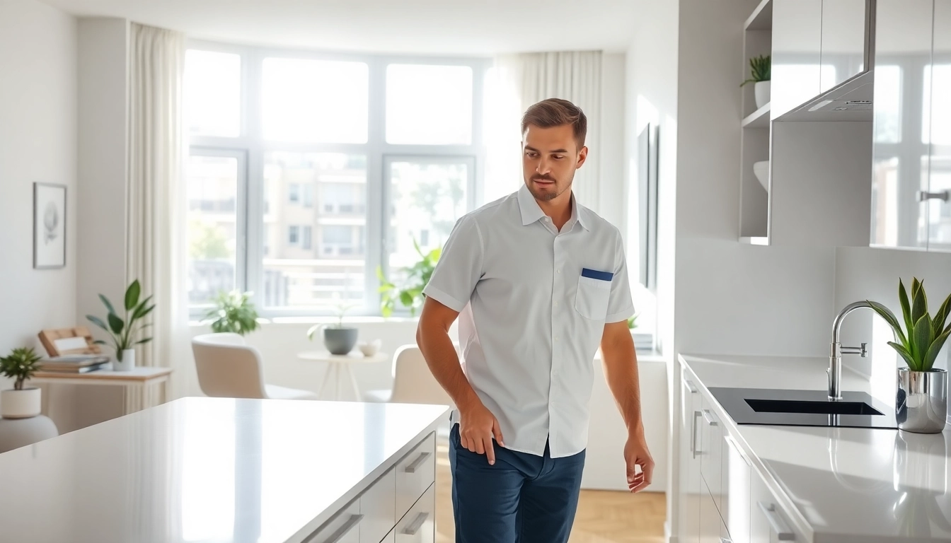 Engaging bond cleaning brisbane service features a cleaner preparing a spotless kitchen, emphasizing professionalism.
