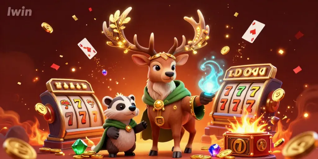 Iwin casino features vibrant gaming elements with a Celtic druid and a badger, celebrating an exciting jackpot.