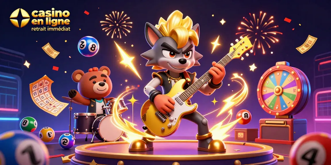 Illustration colorée d'un casino en ligne retrait immédiat avec un loup rock star et un ours batteur, entourés de balles de loterie vibrantes.