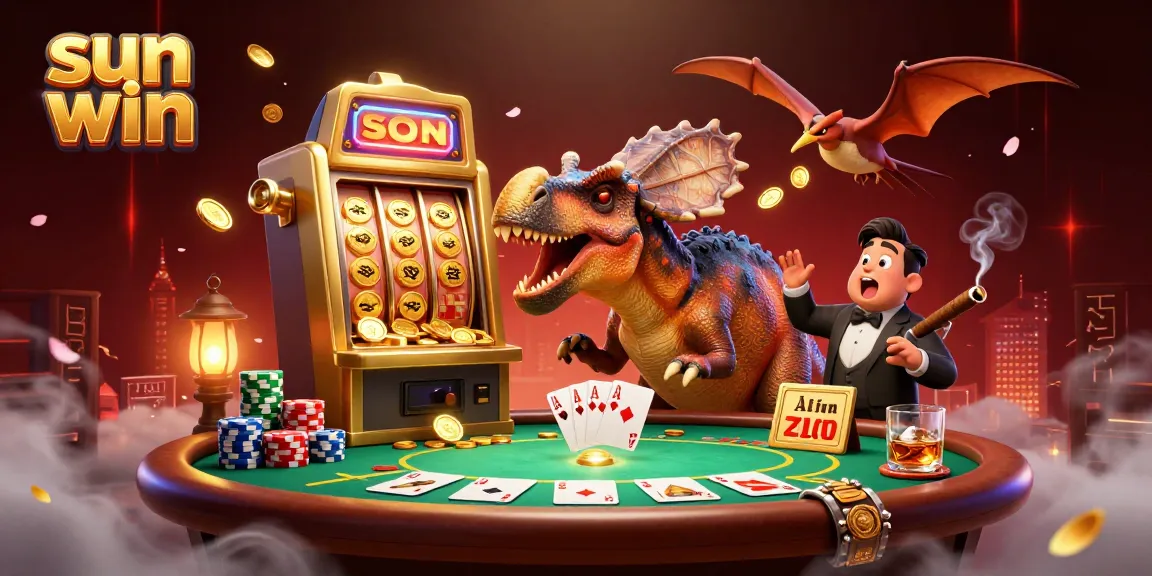 Experience the sun win jackpot as a dinosaur bursts a slot machine, capturing vibrant casino excitement!