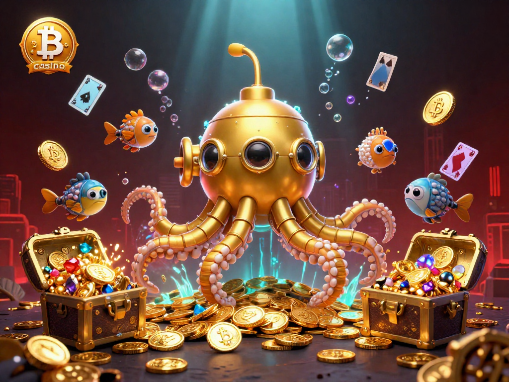 Illustrez votre expérience de jeu avec ce Bitcoin casino dynamique et coloré rempli de pièces d'or et de créatures marines.