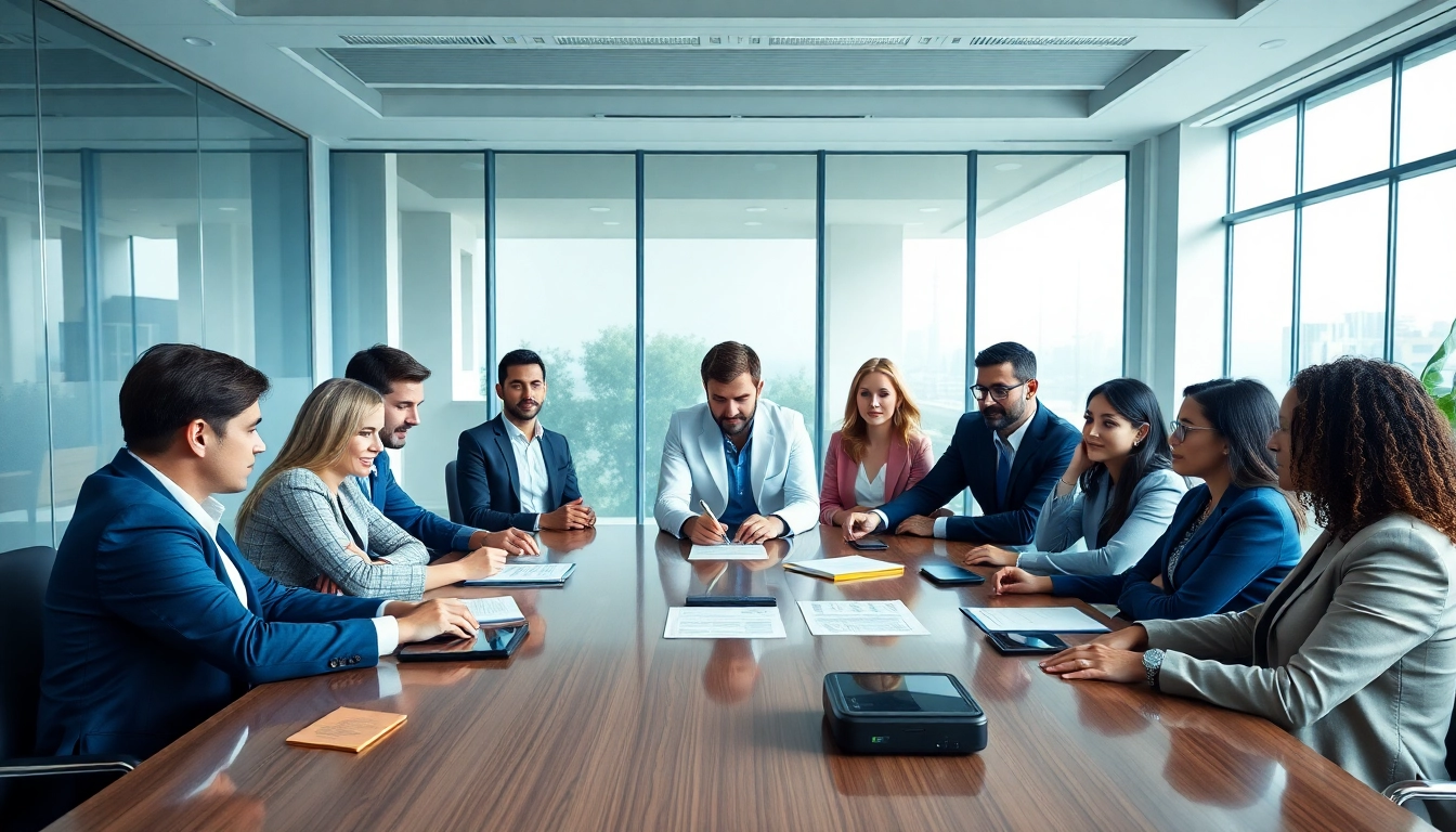 Illustration of professionals discussing Escrow Services in a modern office setting, emphasizing trust and collaboration.