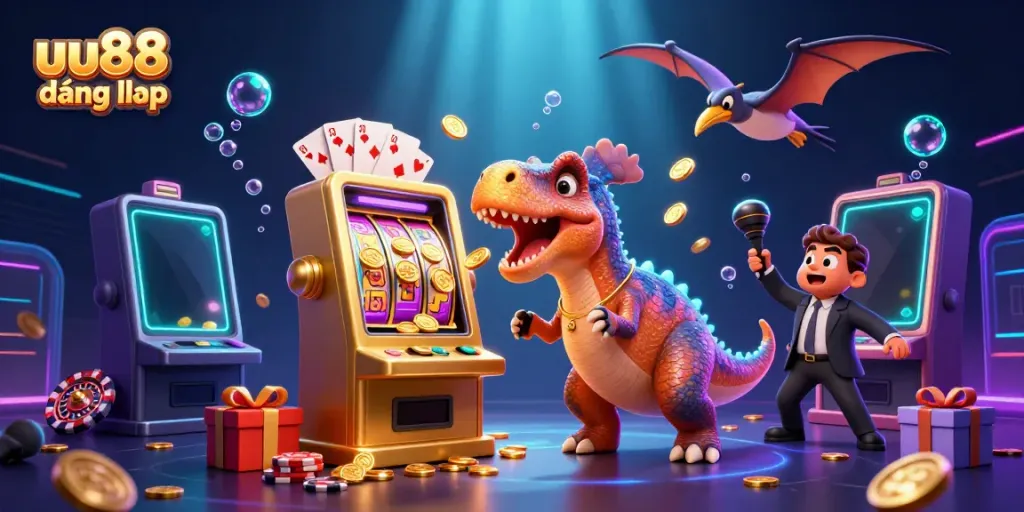 uu88 đăng nhập - A pachycephalosaurus breaking a slot machine for coins in a vibrant casino scene.
