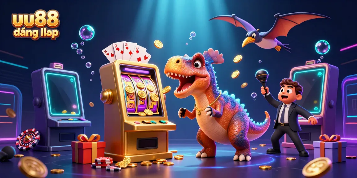 uu88 đăng nhập - A pachycephalosaurus breaking a slot machine for coins in a vibrant casino scene.
