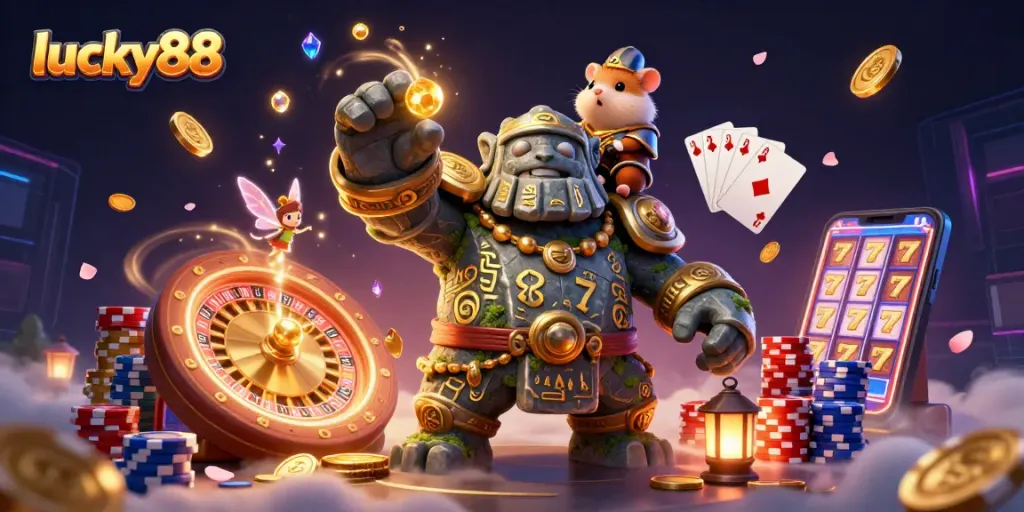 Experience exciting gaming adventures with lucky88 in a vibrant 3D casino scene filled with treasures.