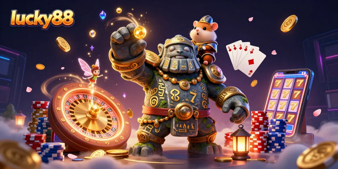 Experience exciting gaming adventures with lucky88 in a vibrant 3D casino scene filled with treasures.