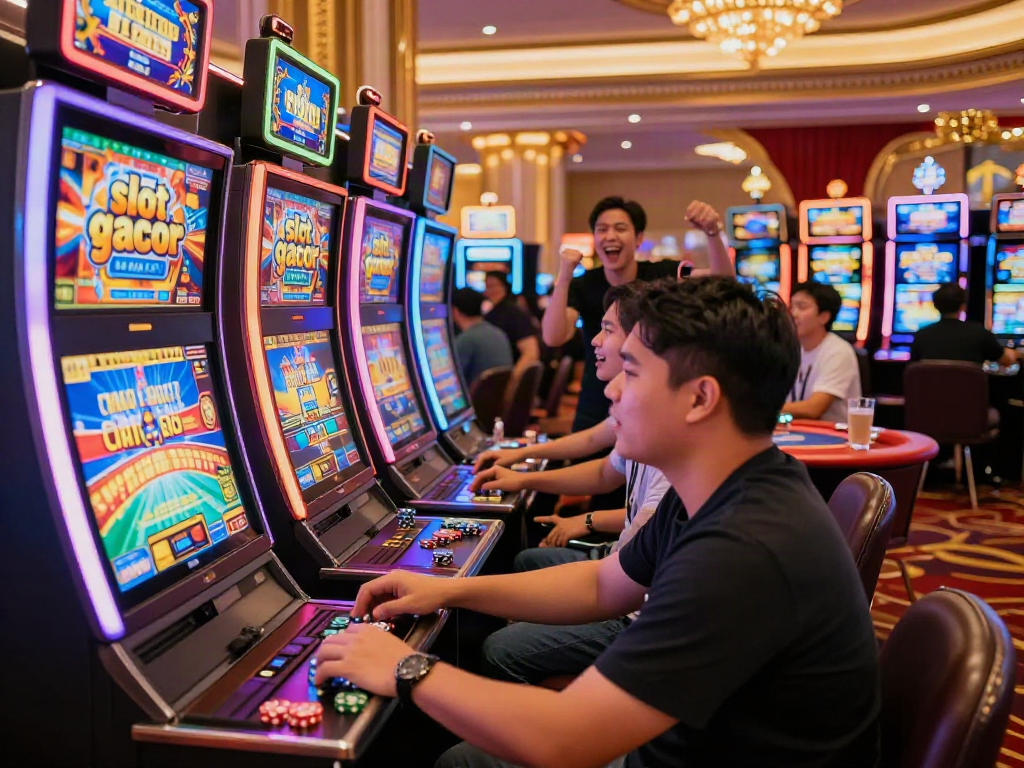Excited players engaged with a slot gacor machine in a lively casino setting.
