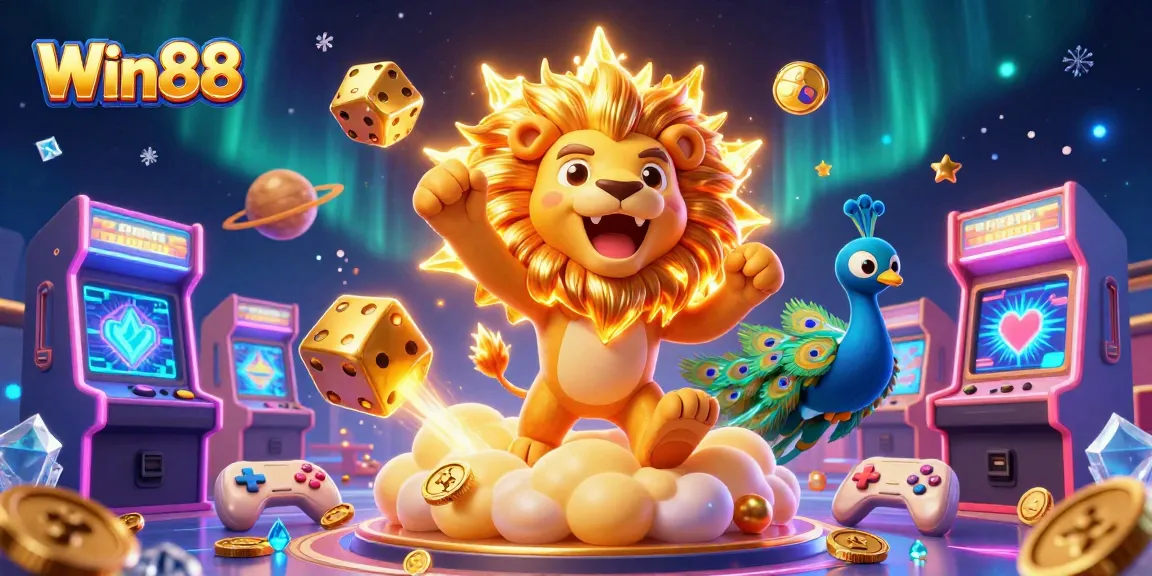 Win88 showcases a victorious lion in space with golden elements and casino game icons around.