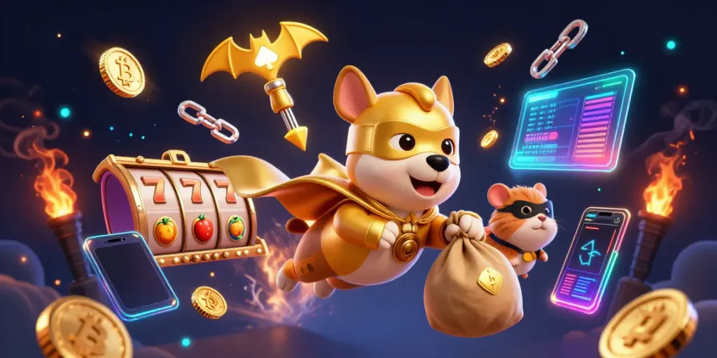 Gamer slot menggunakan slot dengan simbol keberuntungan dan superhero anjing dalam aksi menarik.