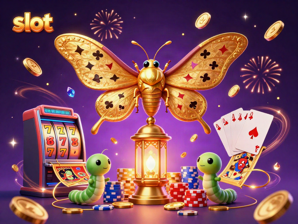 Slot permainan yang menampilkan kupu-kupu kartun dan permainan kasino dengan banyak elemen menarik.