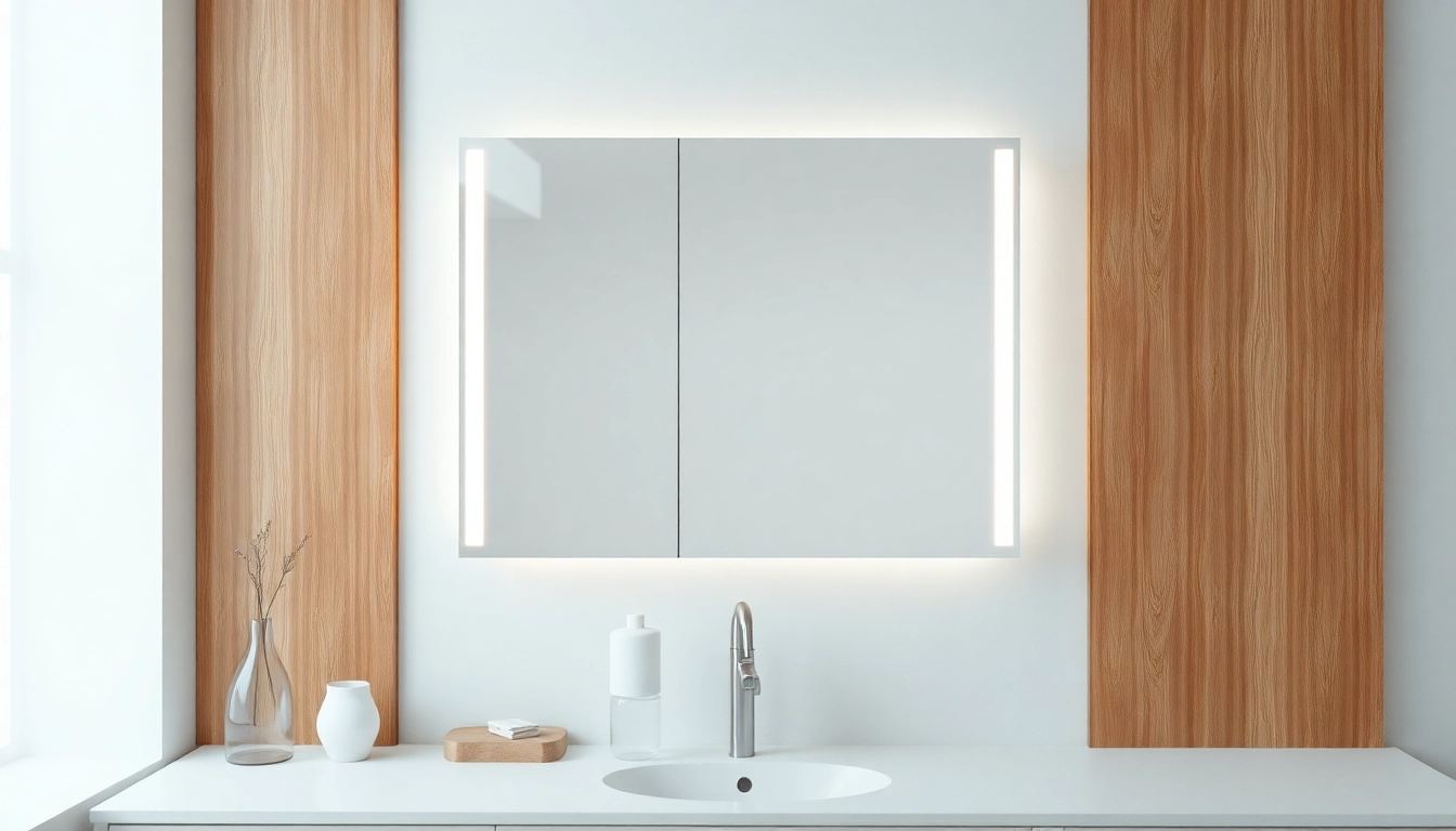 Spiegelschrank mit Beleuchtung Bad in stylischem Design und warmem Licht für eine entspannende Atmosphäre.