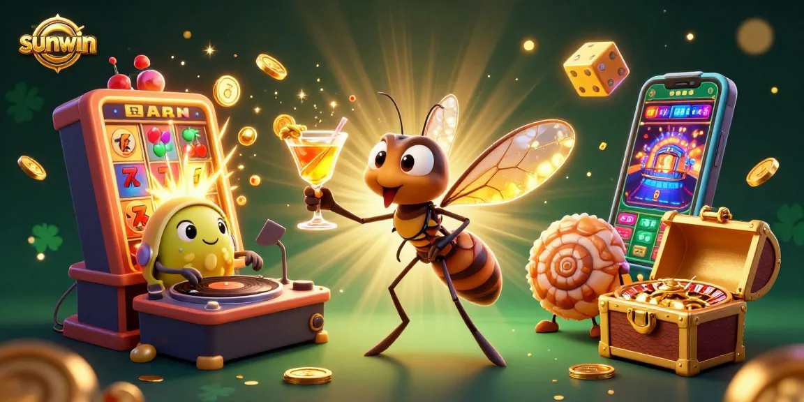 Experience the thrilling sunwin casino scene with a unique, vibrant 3D illustration featuring dynamic characters and games.