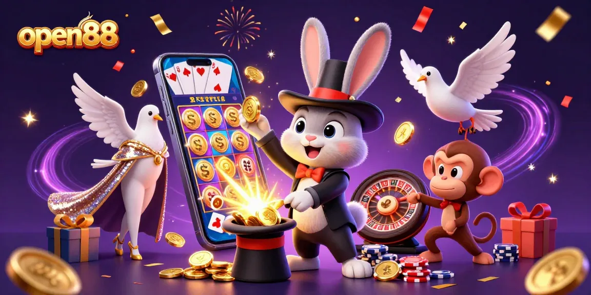 Experience the thrill of open88 with a dynamic casino scene featuring magical characters and sparkling games.