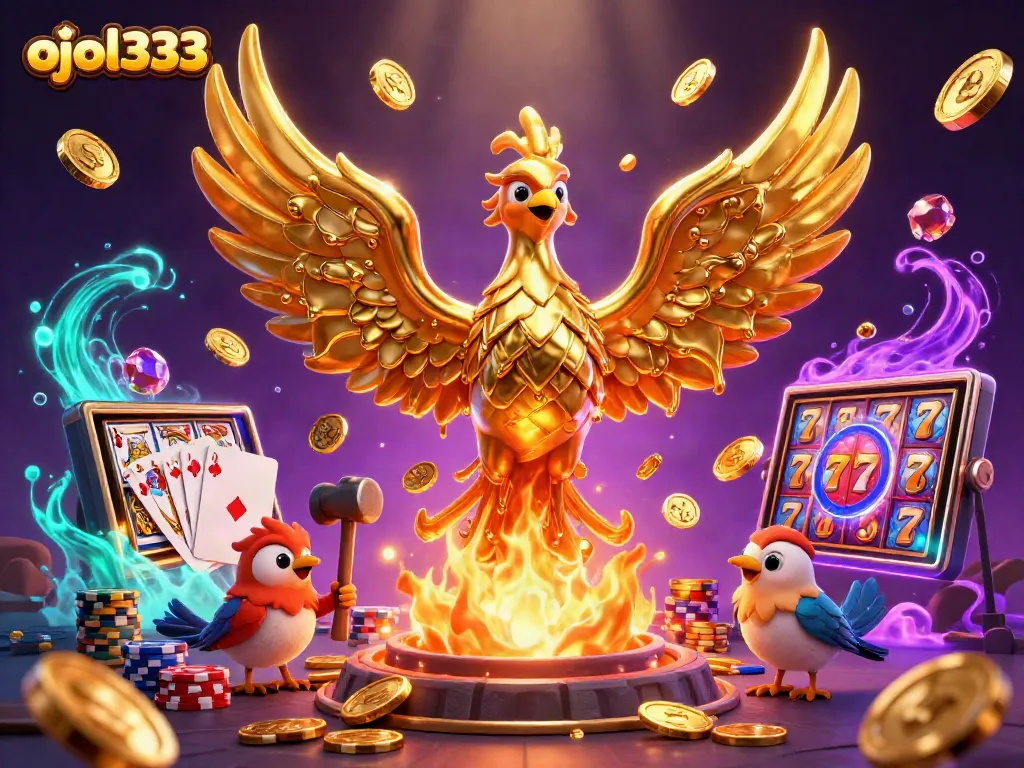 Experience ojol333's thrilling gaming world with golden phoenix and spinning slot reels!