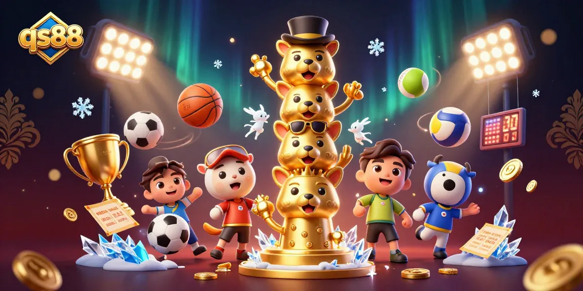 qs88 showcases vibrant 3D casino elements with a dynamic golden totem and sports balls for thrilling gameplay.