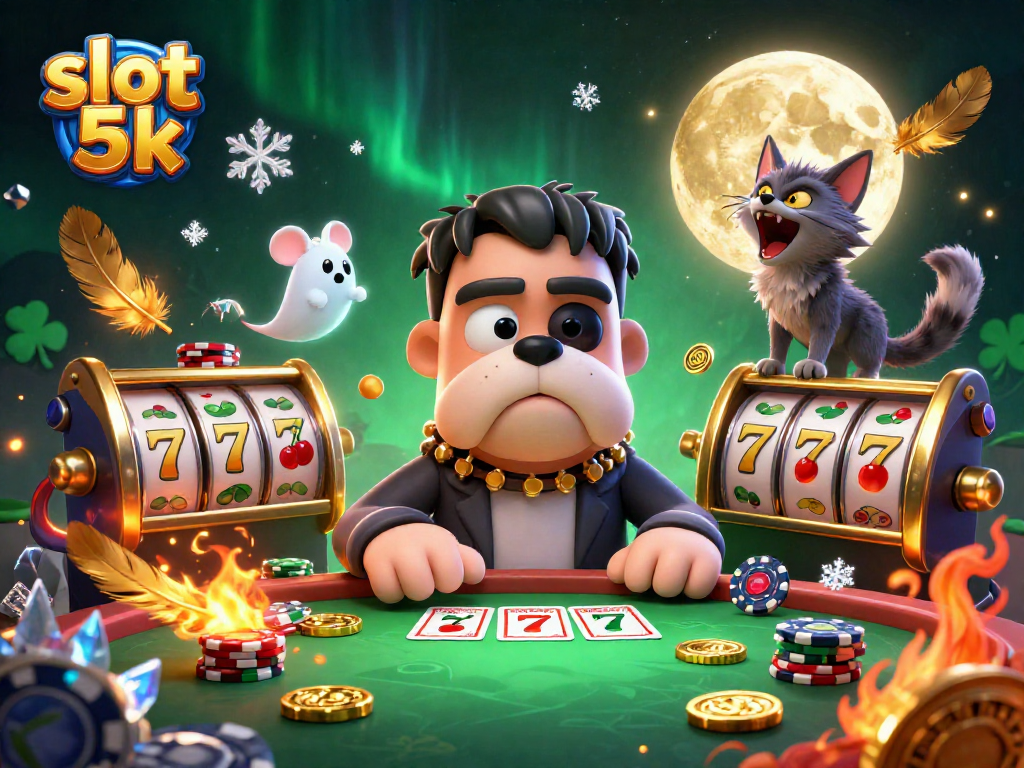 Play slot 5k with a thrilling casino scene featuring a whimsical bulldog dealer and exciting gold elements.