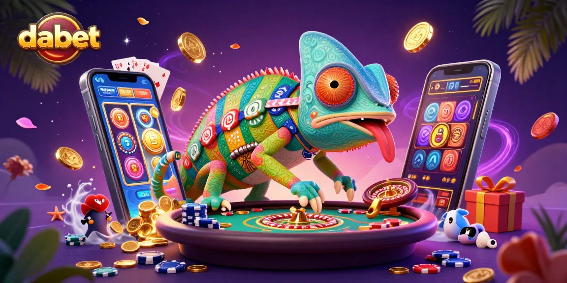 Engage in thrilling gaming experiences with dabet, featuring a vibrant chameleon casino owner surrounded by dynamic game elements.