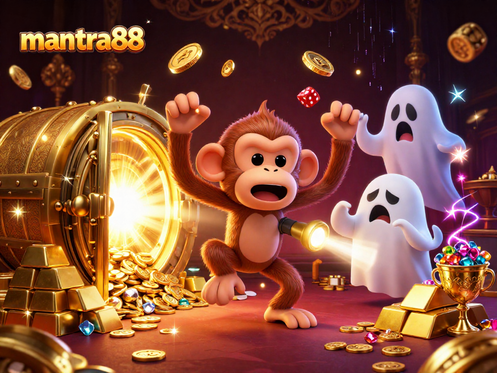 Experience the excitement of mantra88 in a vibrant haunted casino scene with treasure and playful elements.