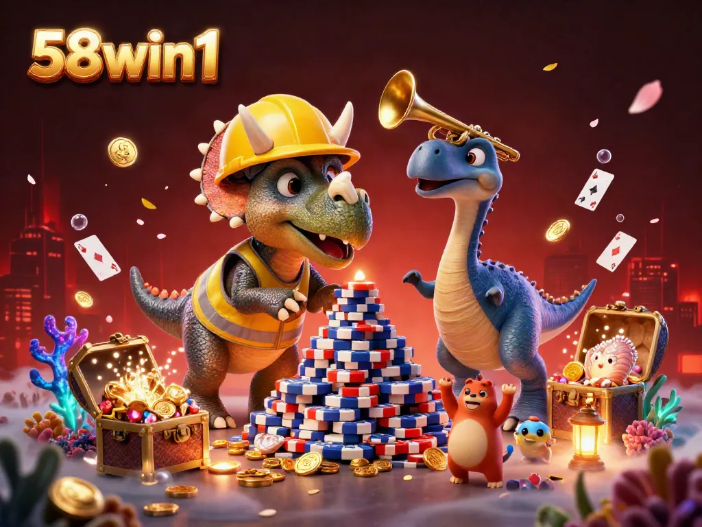 Experience thrilling gameplay with 58win1, illustrated through a vibrant casino scene featuring playful dinosaur characters.