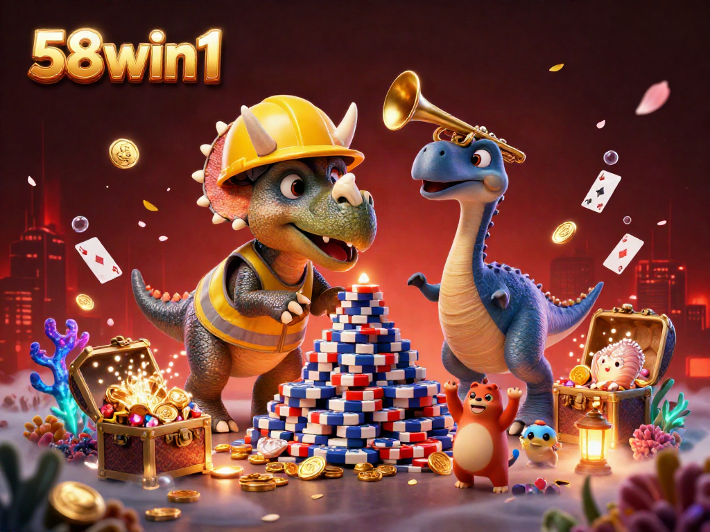 Experience thrilling gameplay with 58win1, illustrated through a vibrant casino scene featuring playful dinosaur characters.
