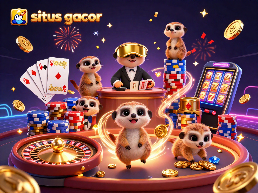 Engage with situs gacor as meerkats operate a vibrant casino, surrounded by golden coins and dynamic gameplay.