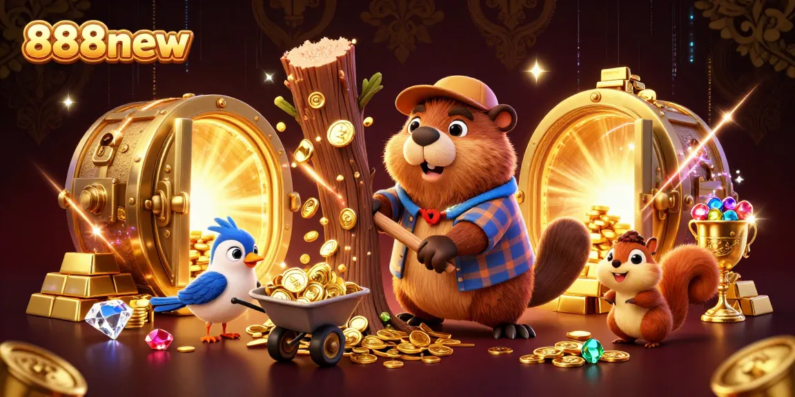 Win big with 888new as the beaver collects golden coins in this vibrant casino scene.