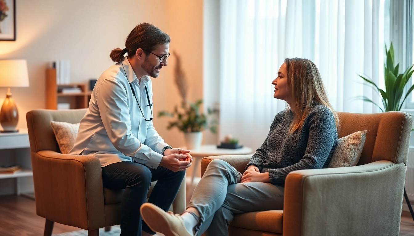 Engaging PTSD Therapy session between a therapist and patient in a soothing environment.