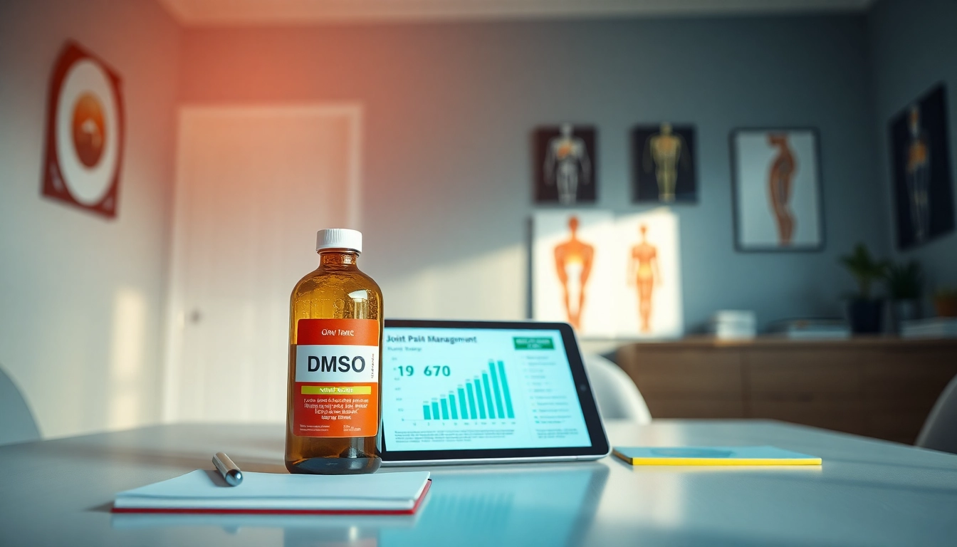 Explore dmso for joint pain with a healthcare setup featuring DMSO bottle and health charts.