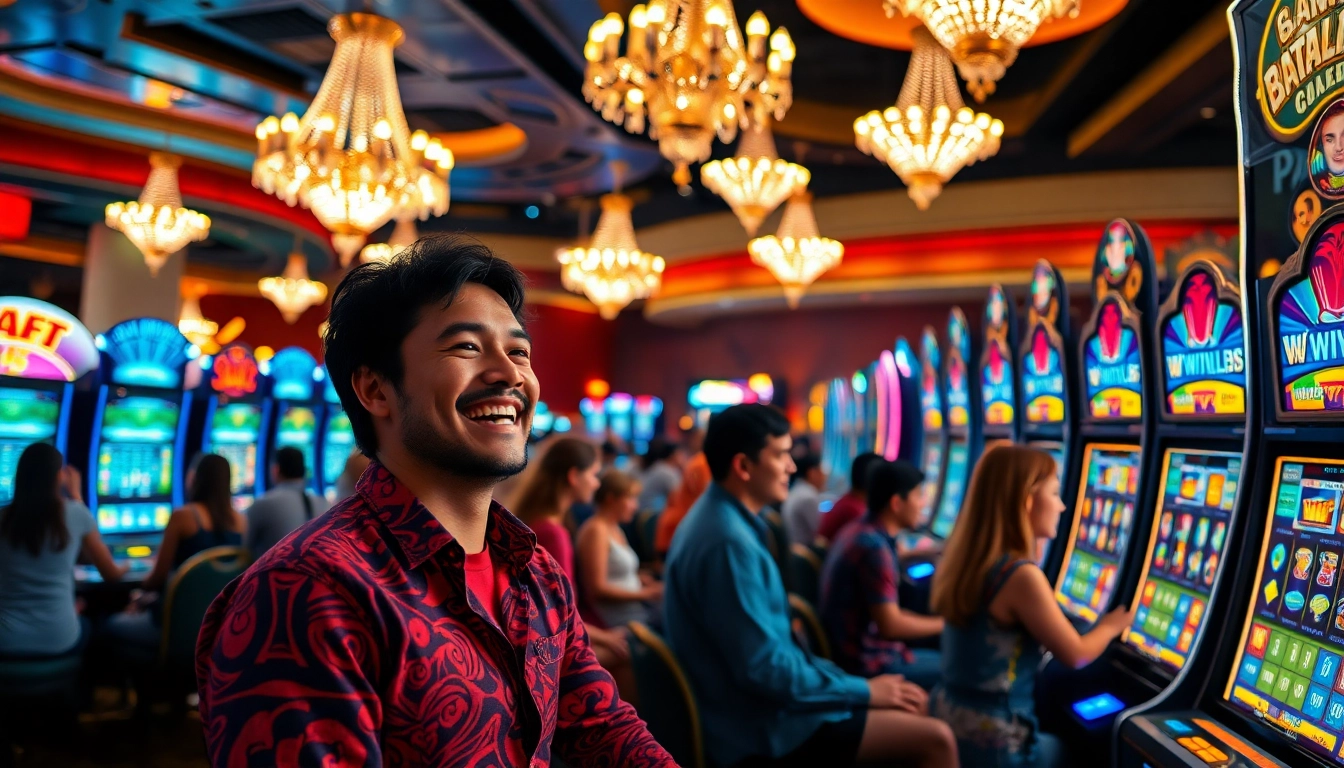 Engage in slot gambling excitement with players experiencing thrilling wins at a vibrant casino.