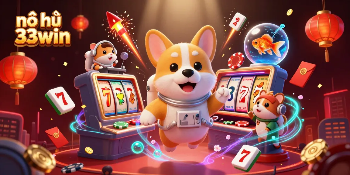 Nổ hũ 33win showcases an exciting 3D casino scene with a floating astronaut corgi and dynamic slot reels.