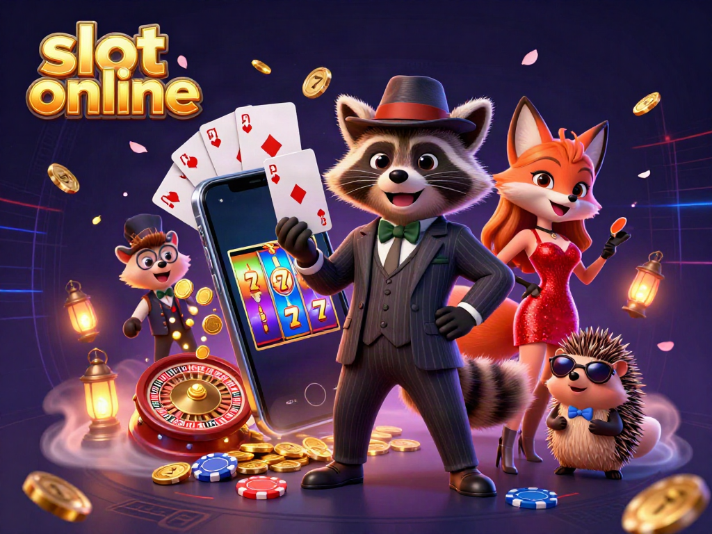Engage with thrilling slot online games through this vibrant scene featuring a suave raccoon and friends.