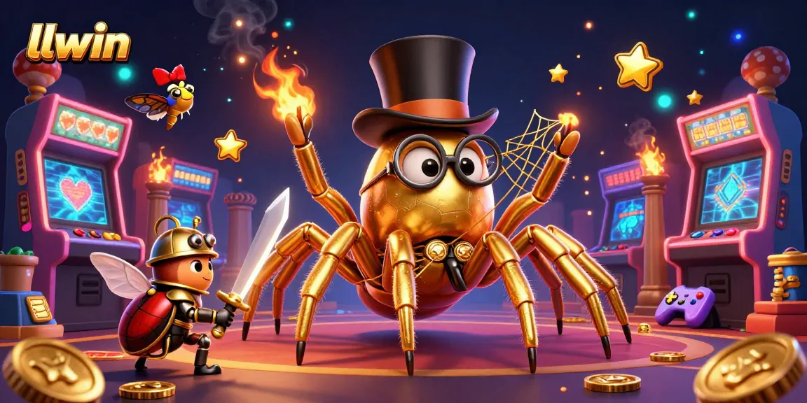 Engage with the vibrant world of llwin as a brave knight approaches a golden tarantula in a casino.