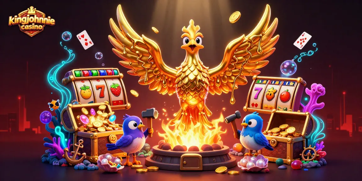 Experience the allure of kingjohnnie casino with a vibrant gold phoenix emerging from a molten forge.
