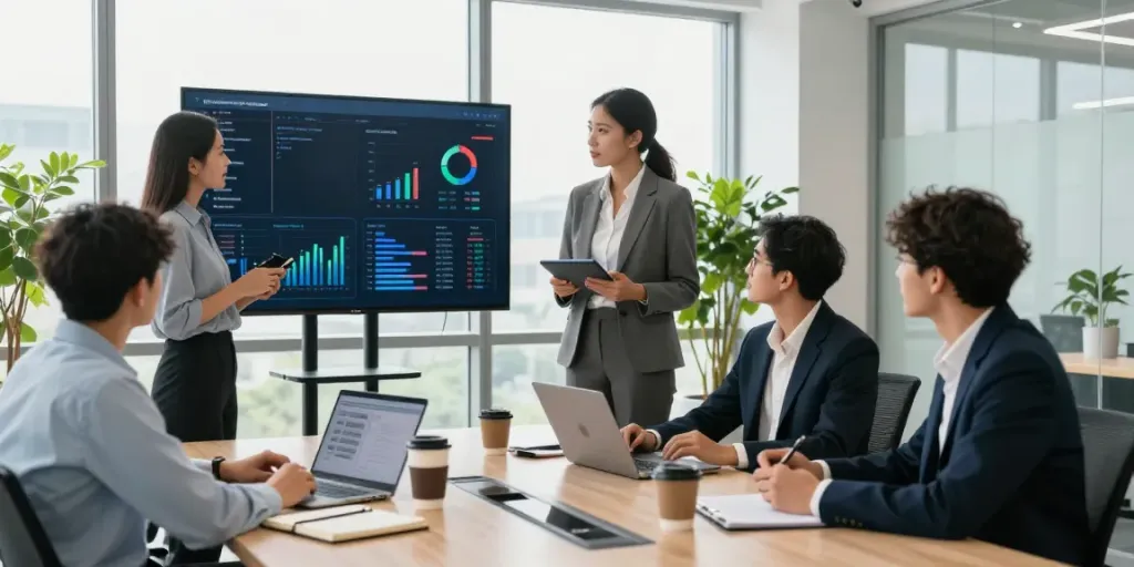 Team collaborating in a modern office showcasing online marketing bureau Gouda strategies with digital devices and analytics.