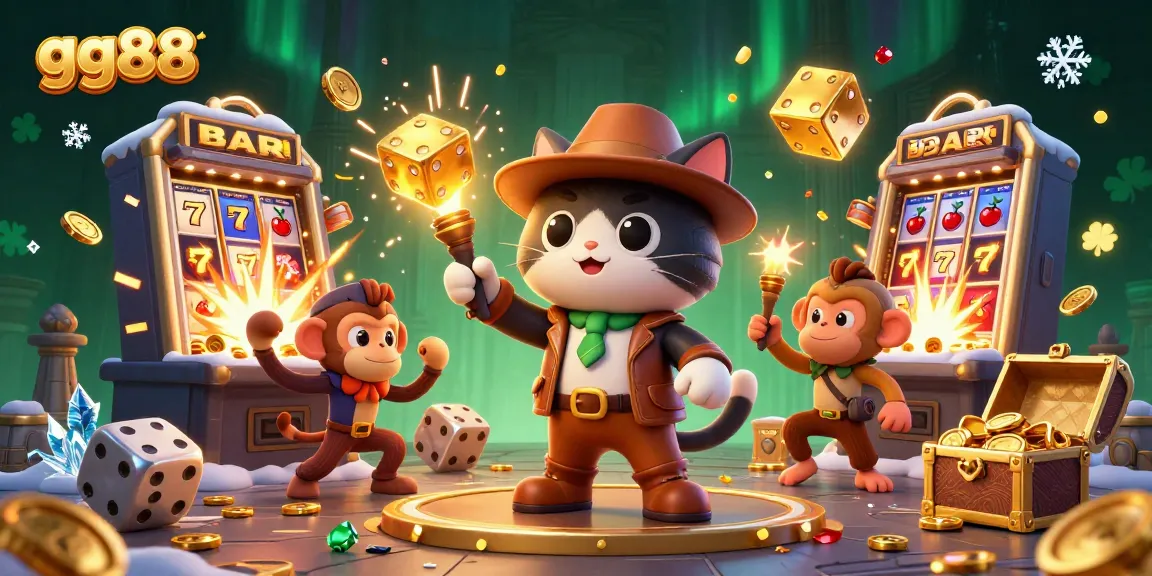 Experience thrilling gameplay at gg88 with a detailed scene showcasing a cartoon archaeologist cat amidst casino treasures.