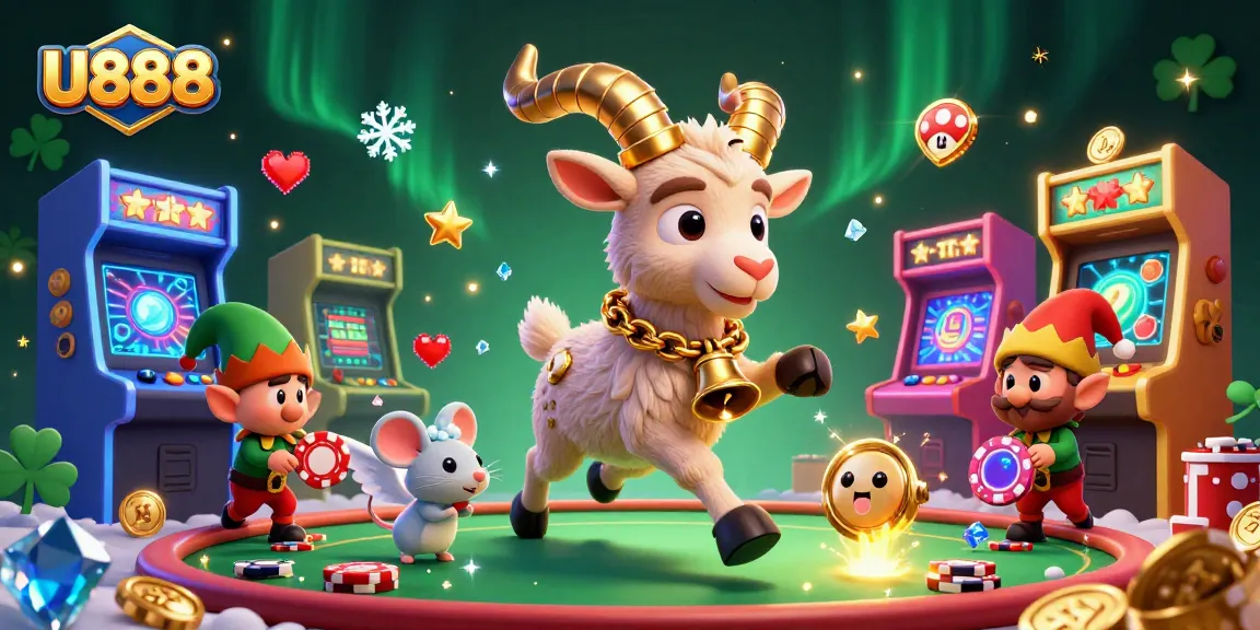 Experience thrilling gameplay at U888's holiday-horror casino with festive characters engaging in gaming fun.