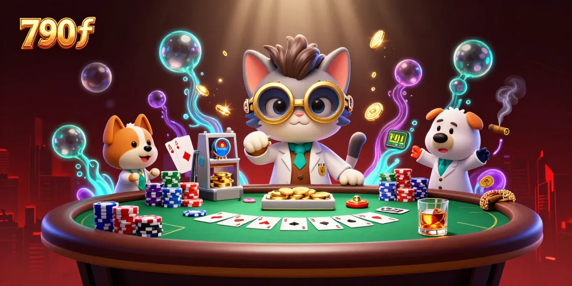 Experience thrilling gambling with 790 f in an action-packed casino scene featuring a mad scientist cat and poker elements.
