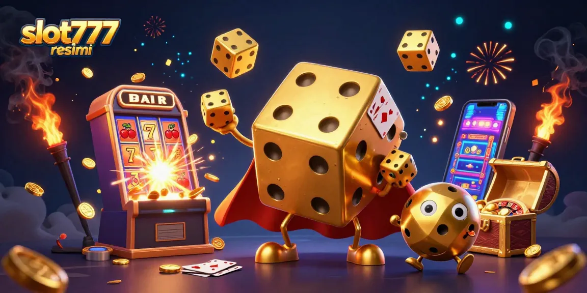 Experience the thrill of slot777 resmi with dynamic gambling scenes featuring golden dice and jackpot excitement.