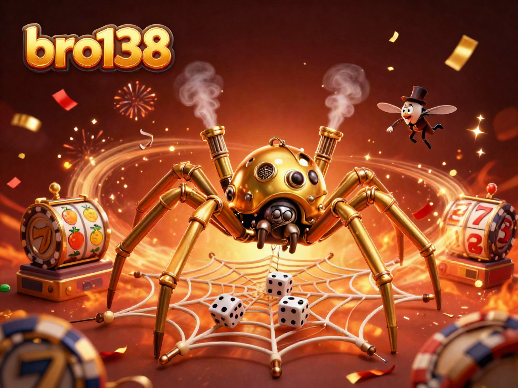 Spin and win with bro138 in a vibrant and dynamic 3D casino illustration featuring steampunk elements.