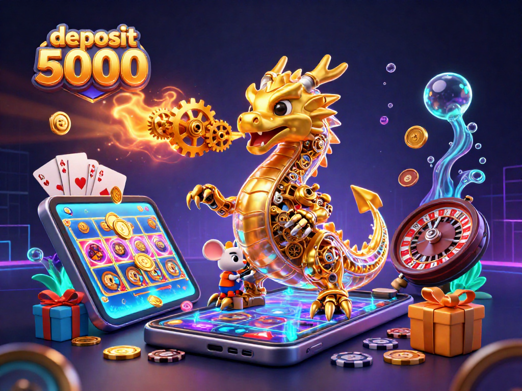 Play deposit 5000 at a vibrant casino scene featuring a golden dragon and dynamic gaming elements