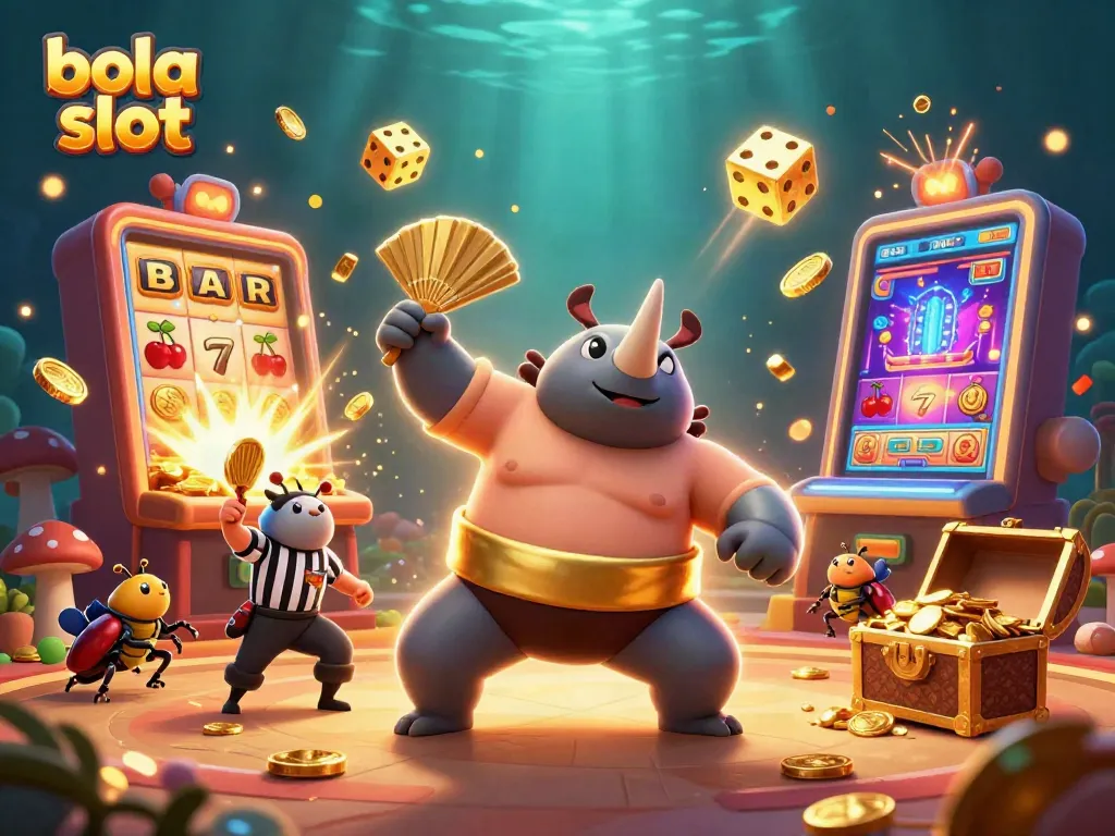 Bola slot champions in a lively scene featuring a sumo beetle and a referee cricket among slot machines and treasures.