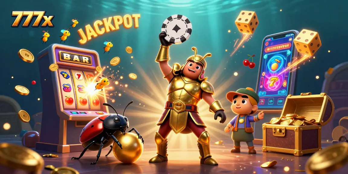 Experience the excitement at 777x with a cartoon beetle celebrating a jackpot win above a bursting slot machine.