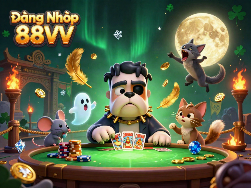 Engage in thrilling gameplay with Đăng Nhập 88VV at a lively casino scene featuring vibrant characters and gaming elements.
